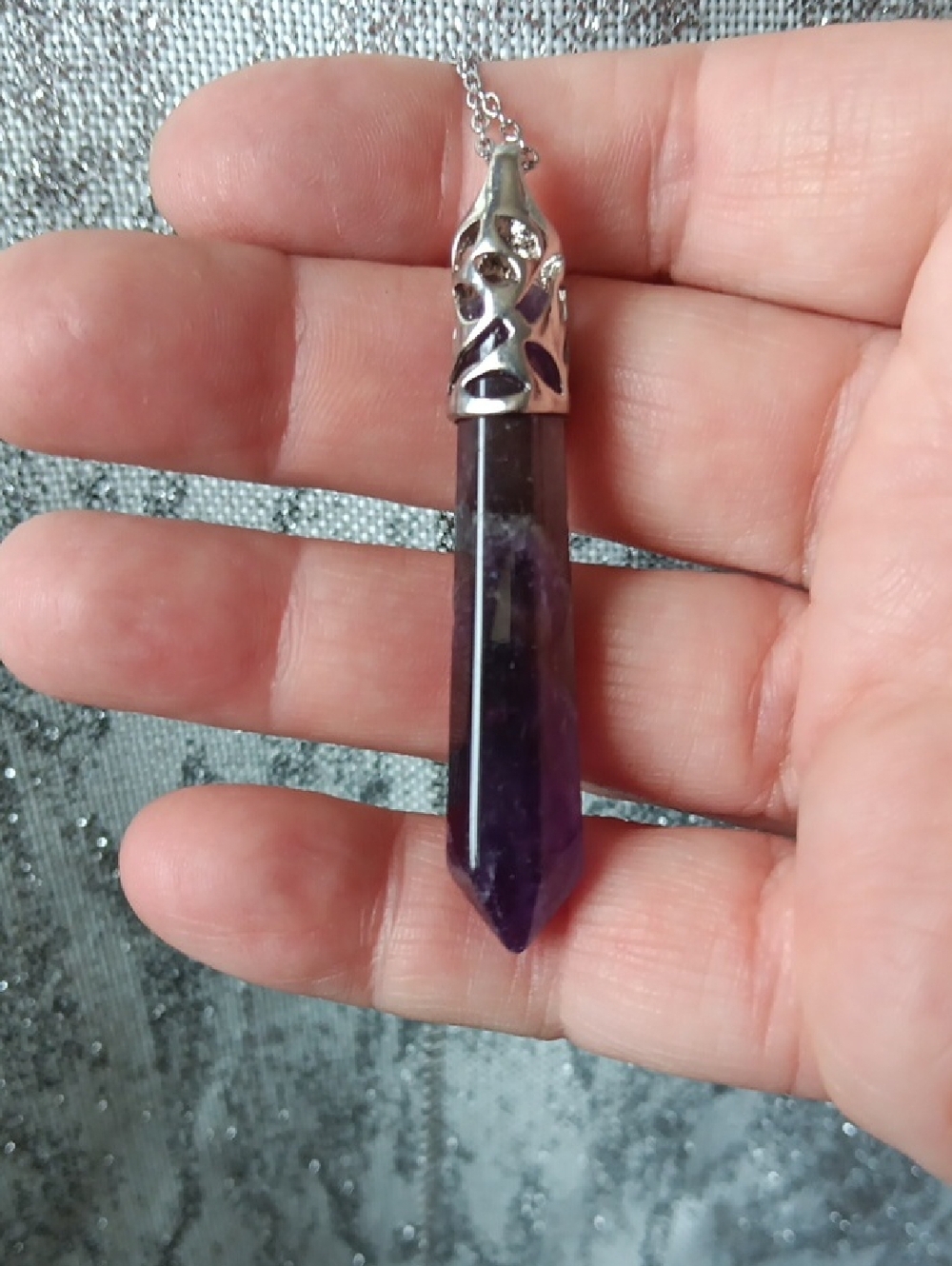 Silver Cap Amethyst Point Pendant Necklace - Purple